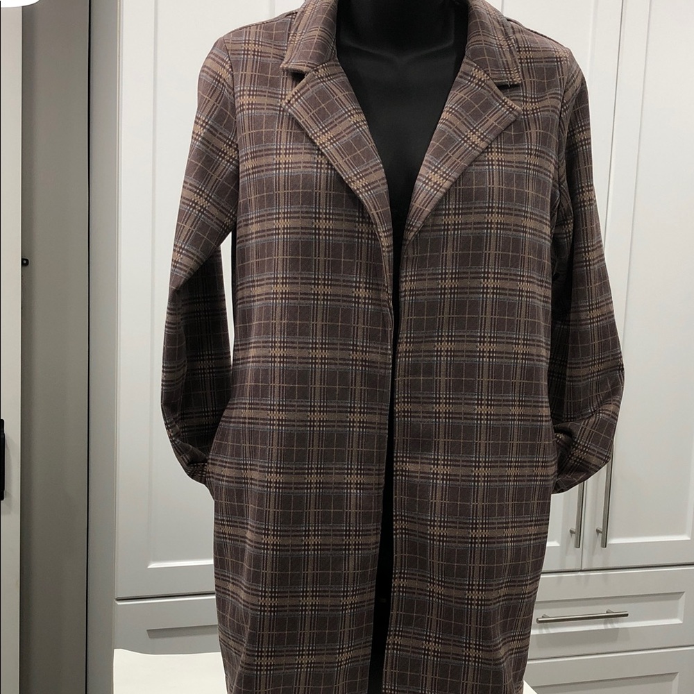 Point Zero Wrap Coat - Taupe/Blue Plaid - Women's XS
